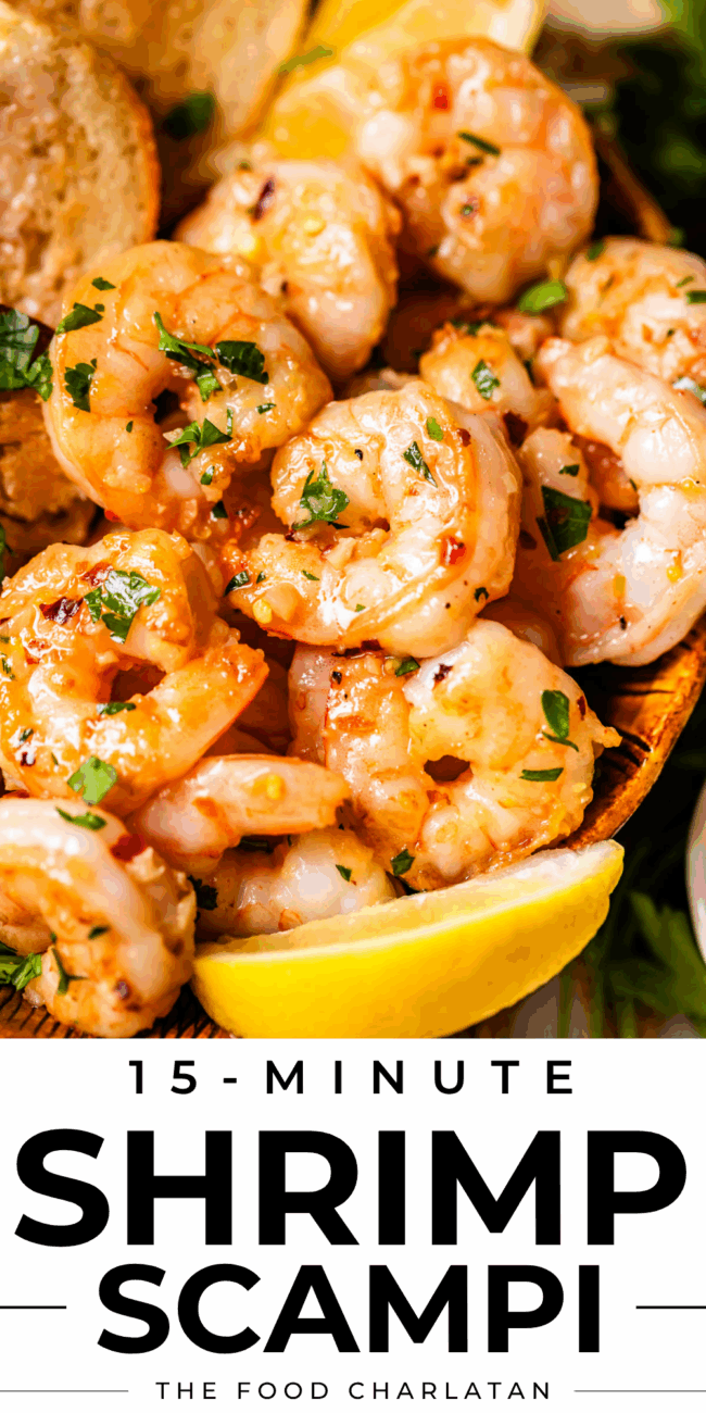 pinterest image of shrimp and noodles with text "15 minute shrimp scampi".