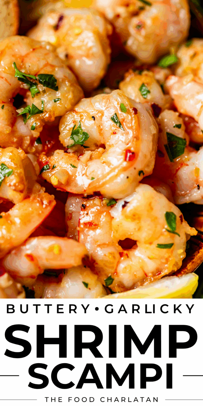 pinterest image of shrimp and noodles with text "buttery garlicky shrimp scampi".
