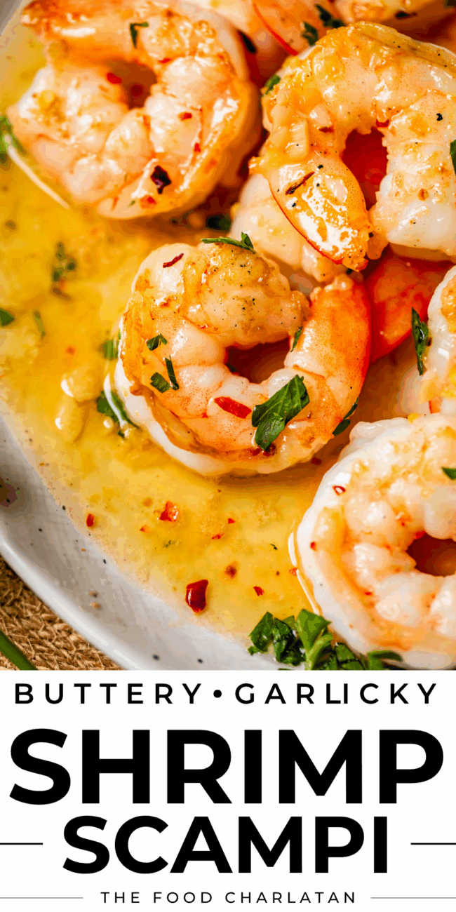 pinterest image of shrimp and noodles with text "buttery garlicky shrimp scampi".