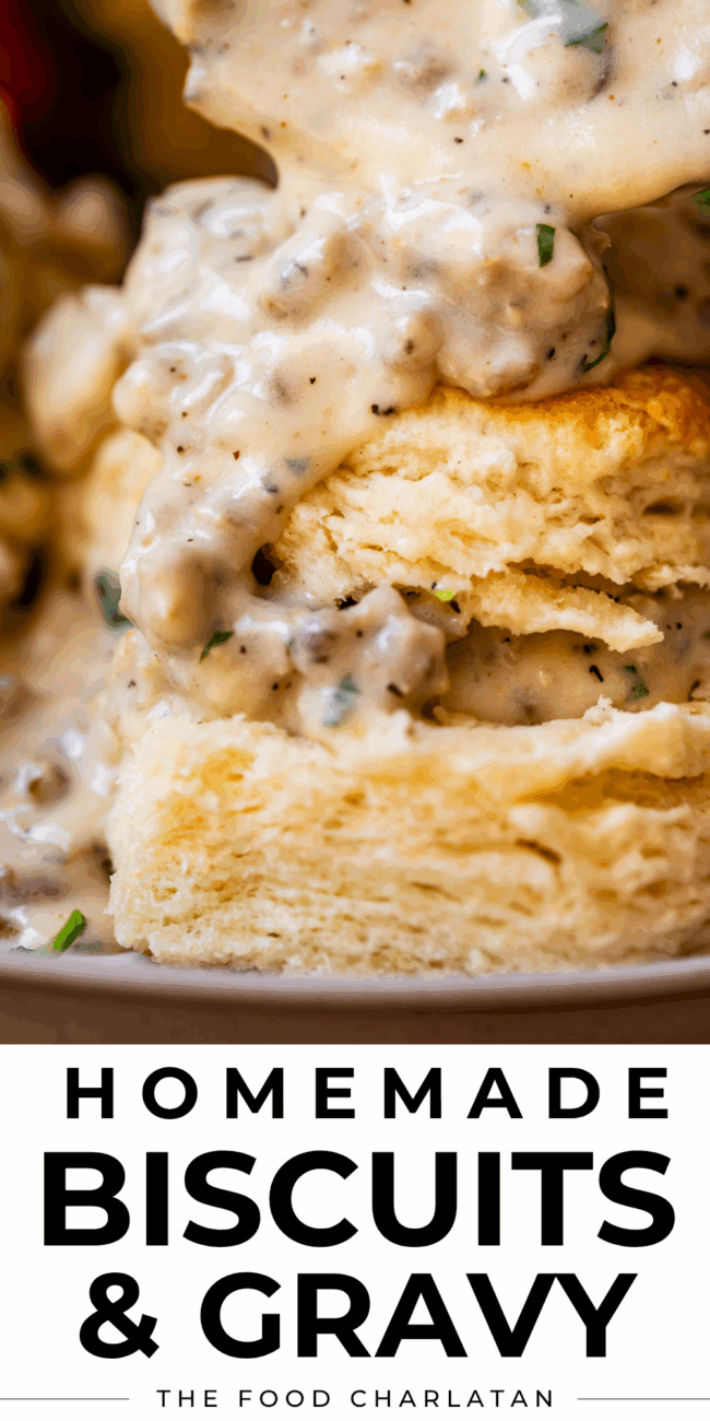 pinterest image of gravy over biscuits with text "homemade biscuits & gravy".
