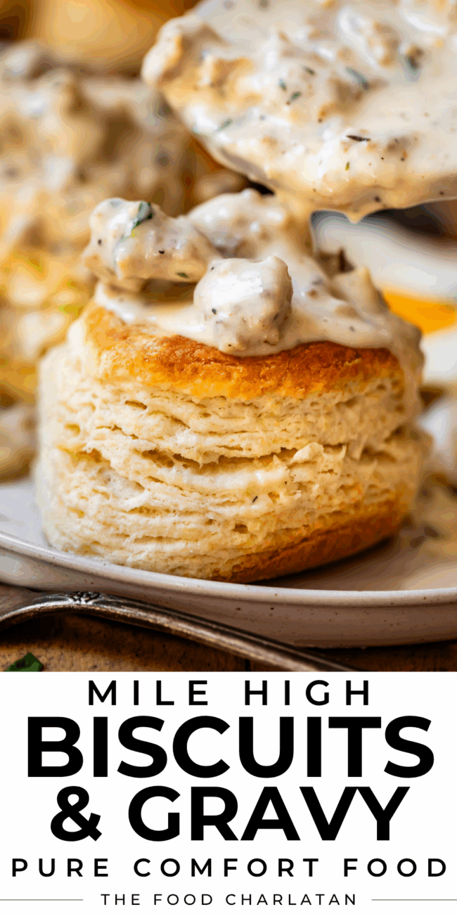 pinterest image of gravy over biscuits with text "mile high biscuits & gravy pure comfort food".
