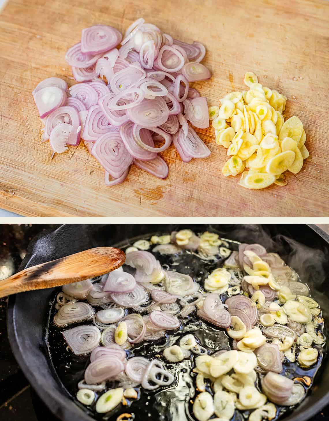 top: chopped shallots and garlic, bottom: sautéing them in a cast iron skillet.