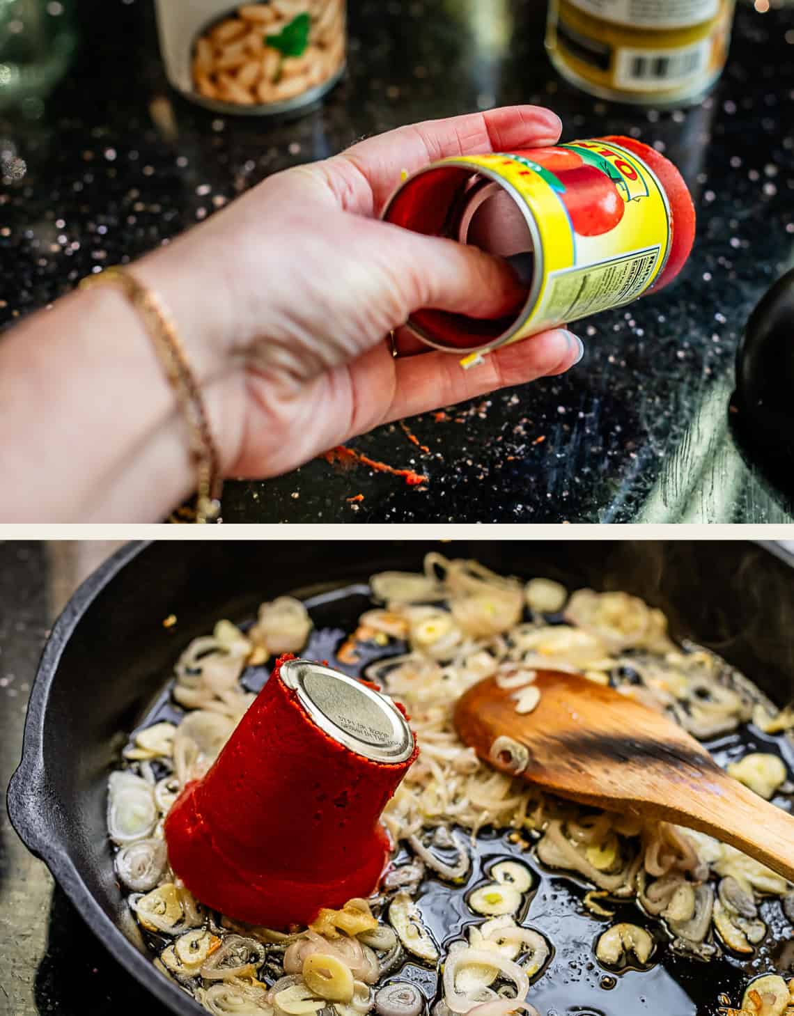 top: pushing tomato paste through the can by its lid, bottom: tomato paste in skillet.