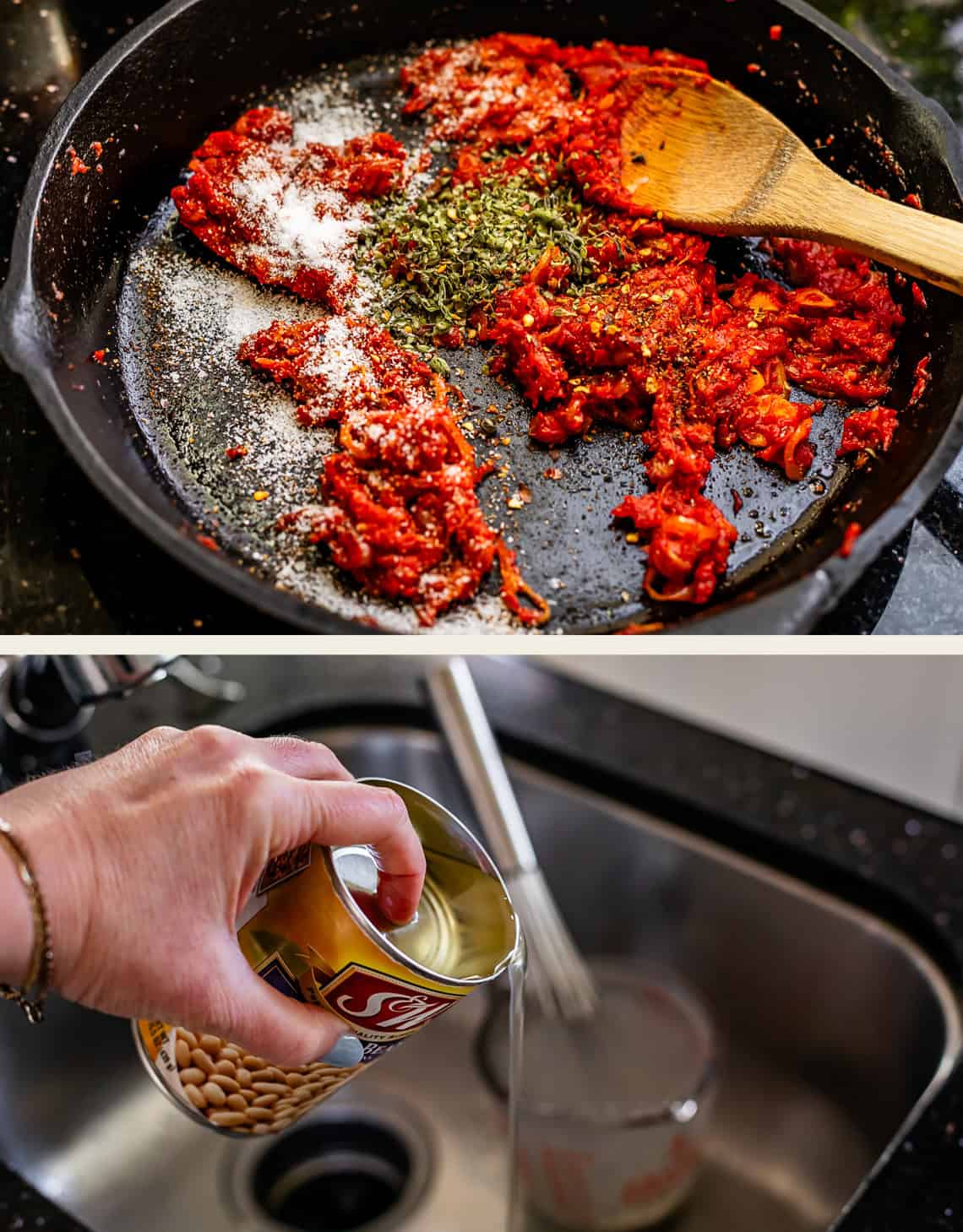 top: spices on top of tomato paste in skillet, bottom: hand draining liquid from bean can.