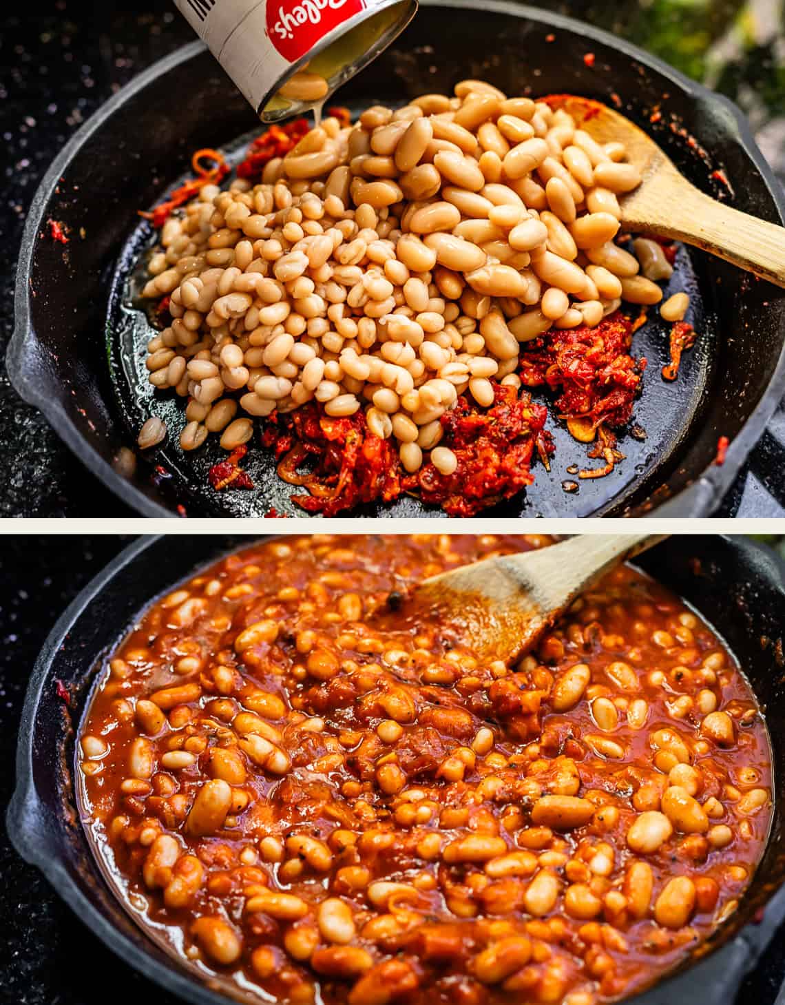 top: beans dumped into skillet, bottom: everything stirred together in skillet.