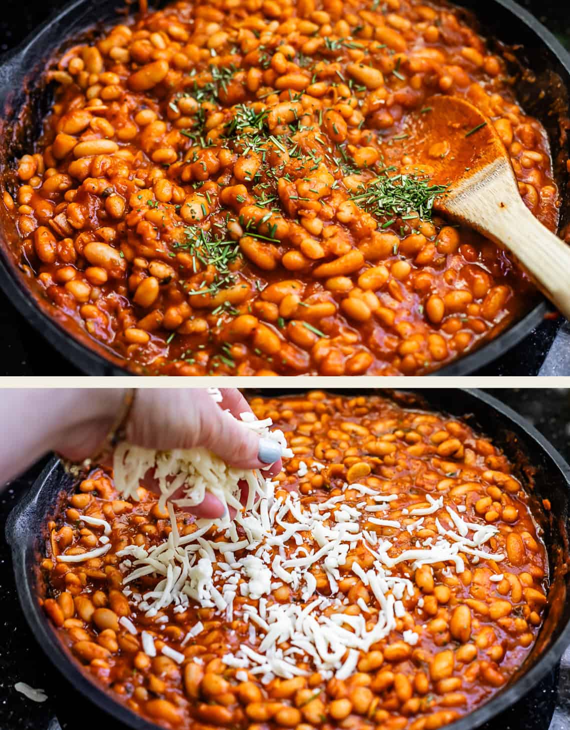 top: rosemary sprinkled on top of beans in skillet, bottom: adding on shredded mozzarella.