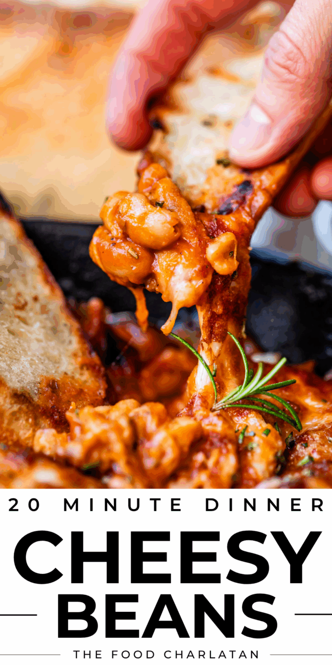 pinterest image of beans on toast with text "20 minute dinner cheesy beans".
