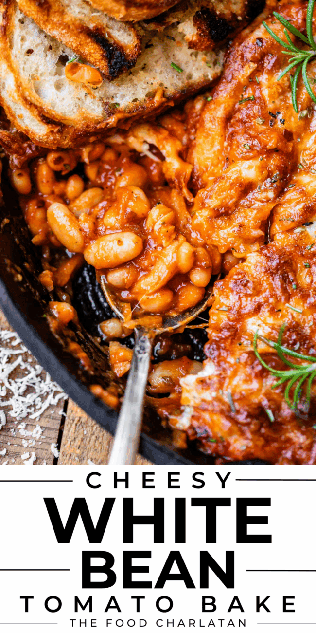 pinterest image of spoon with beans and text "cheesy white bean tomato bake".