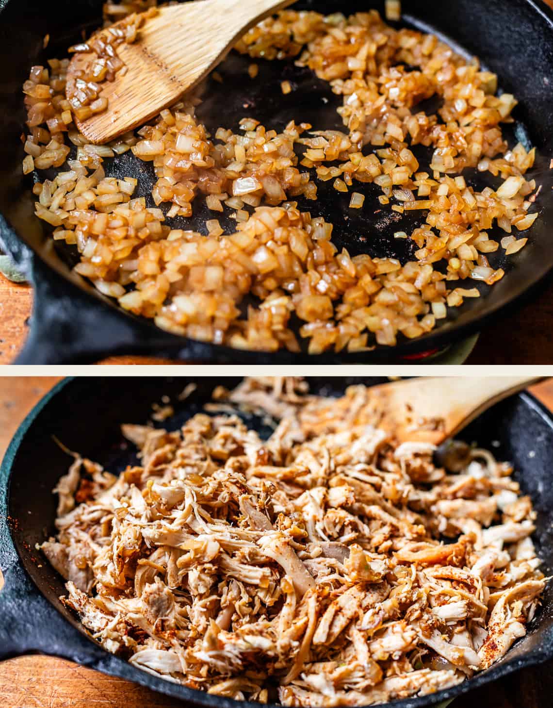 top: diced onion fully browned in skillet, bottom: chicken added to skillet.