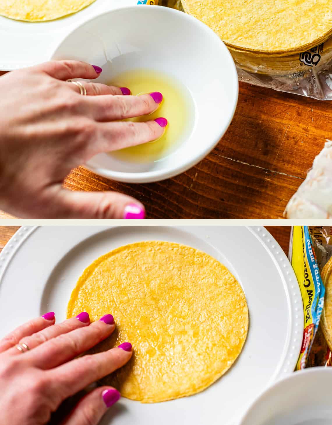 top: fingers in bowl of oil; bottom: hand on one tortilla on a ceramic plate.