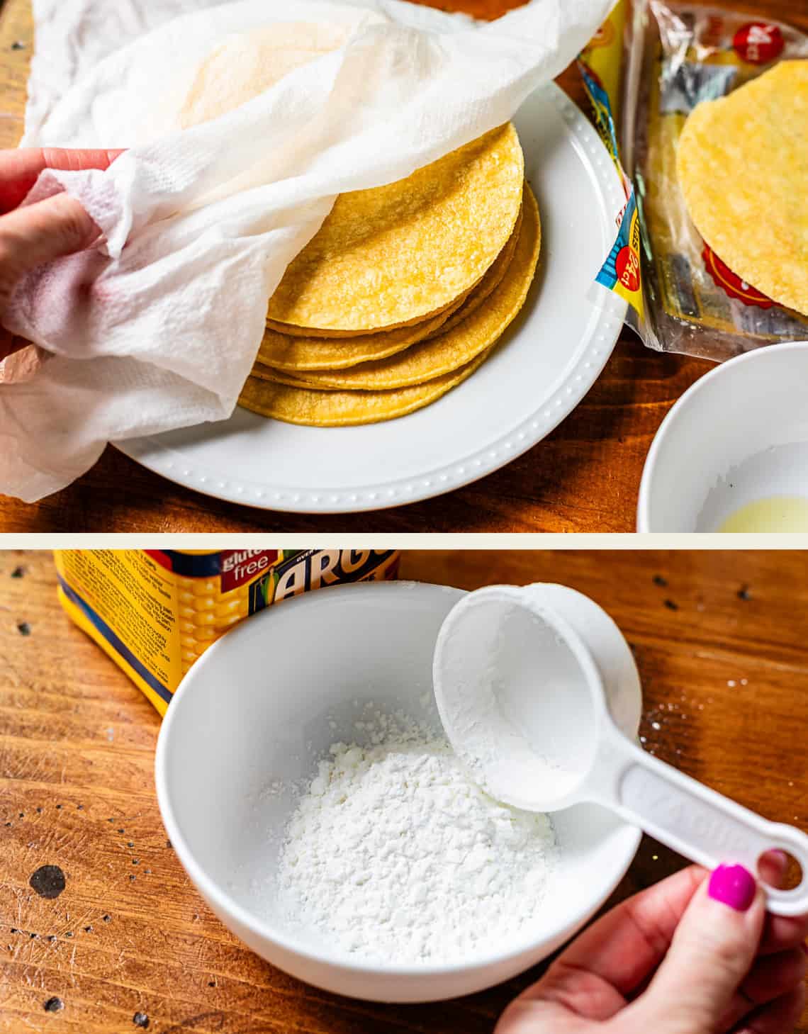 top: stack of tortillas with paper towel on top, bottom: adding cornstarch to a bowl.