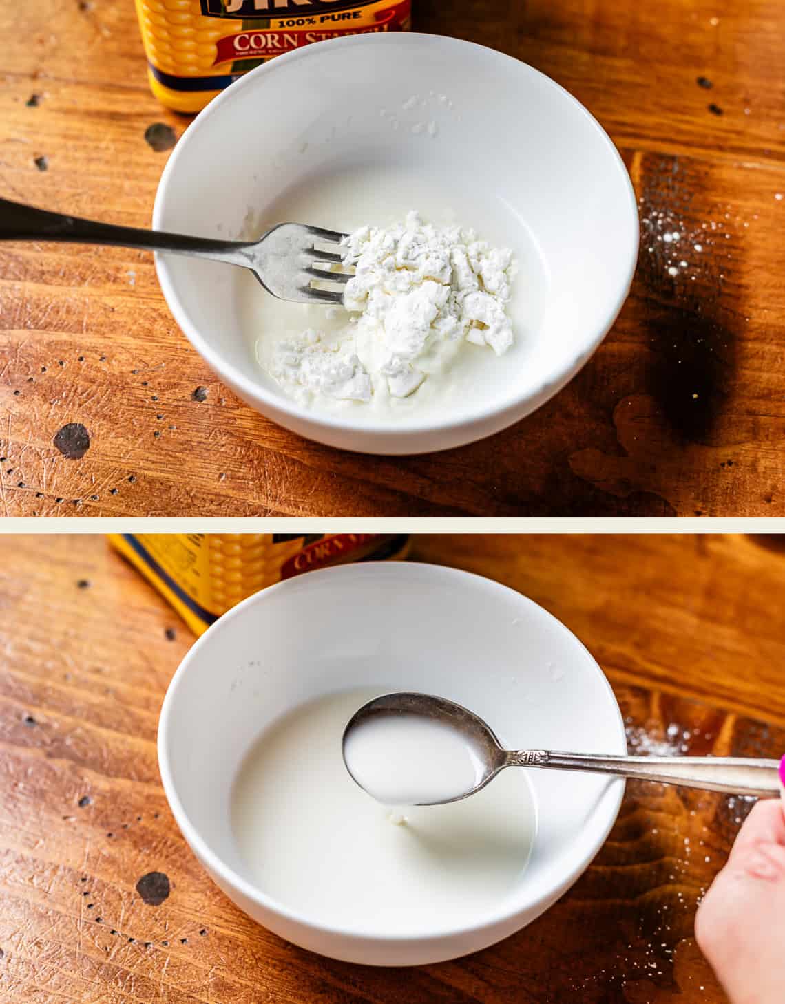 top: fork in cornstarch and water in bowl, bottom: spoon pouring mixture back into bowl.