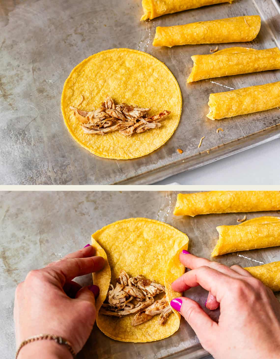 top: chicken lined up on one side of tortilla, bottom, folding edges in over chicken.