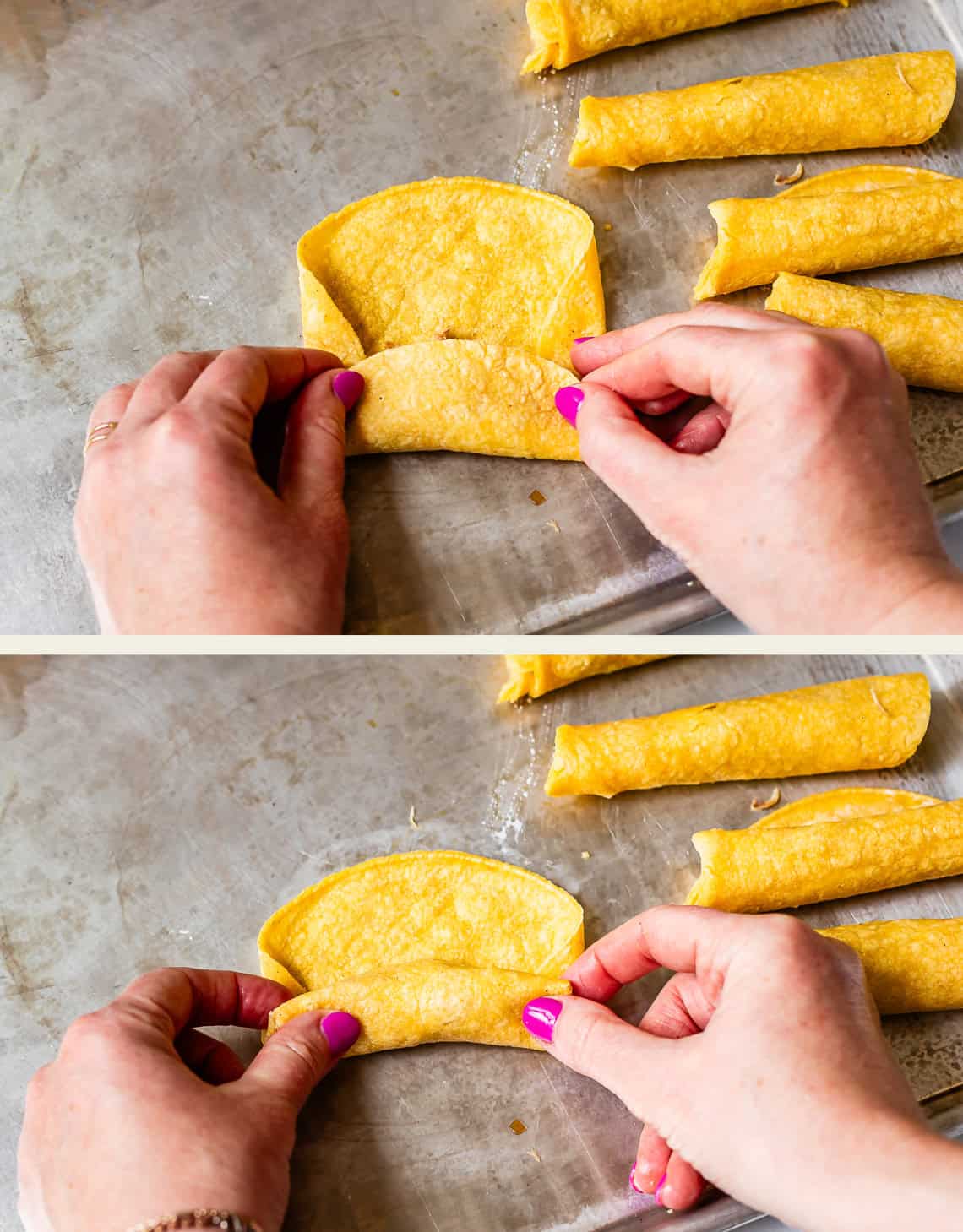 top: first roll of tortilla over the chicken, bottom second roll of tortilla on itself.