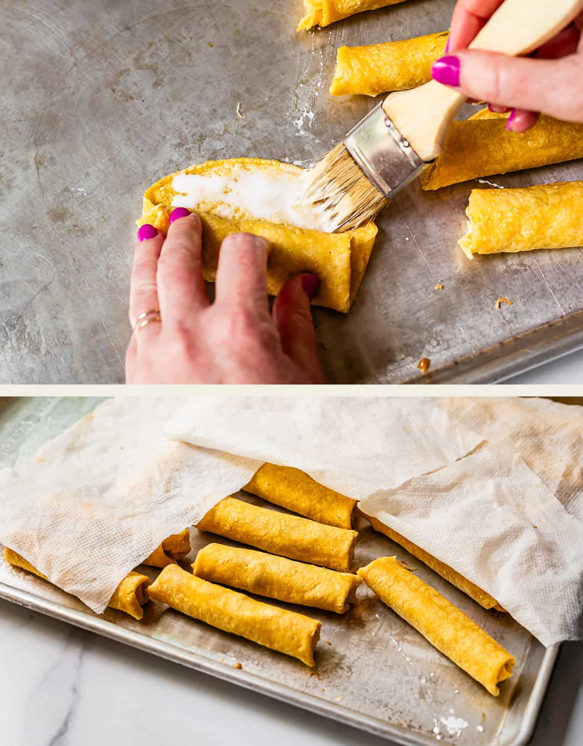 top: brushing cornstarch glue on, bottom, tortillas lined up on cookie sheet topped with paper towel.