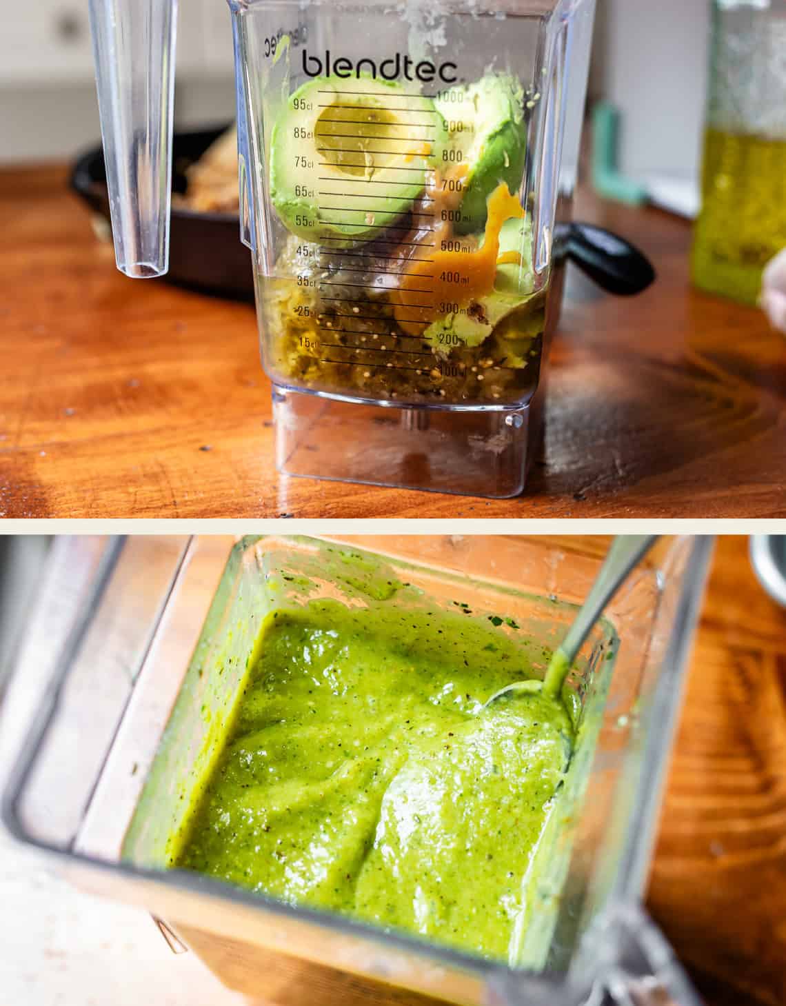 top: avocado cream ingredients in blender, bottom: everything blended into smooth cream.