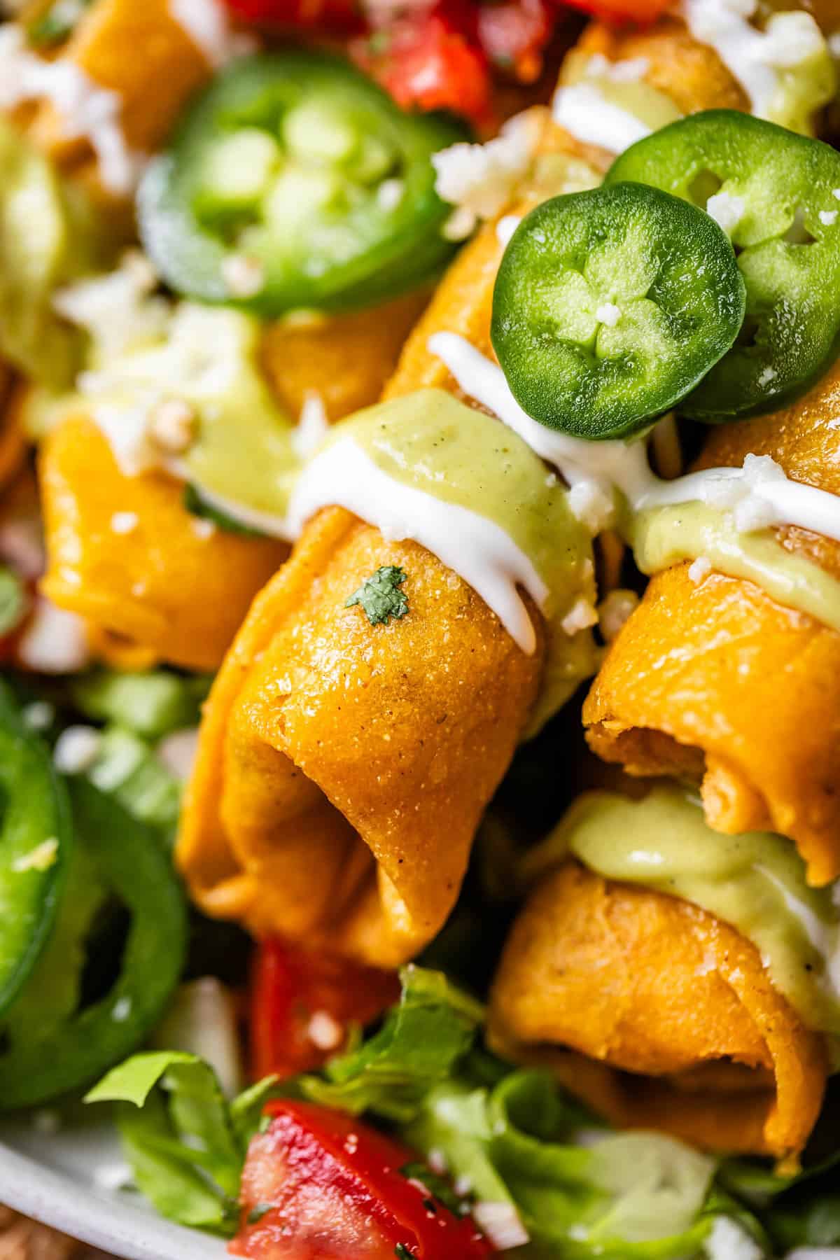 close up shot of a chicken flauta with avocado and mexican crema on top.