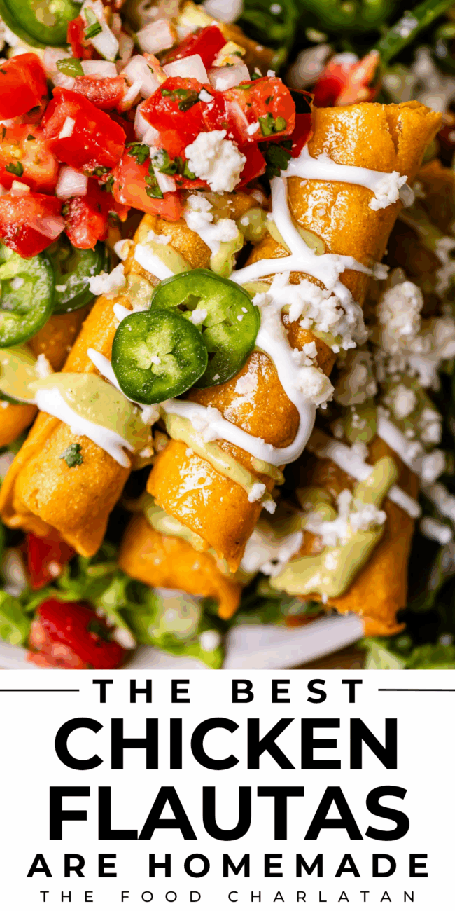 pin image of flautas with text "the best chicken flautas of are homemade".