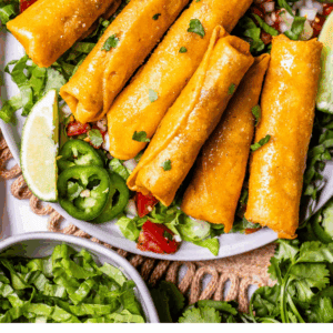 pin image of flautas with text "better than takeout chicken flautas".