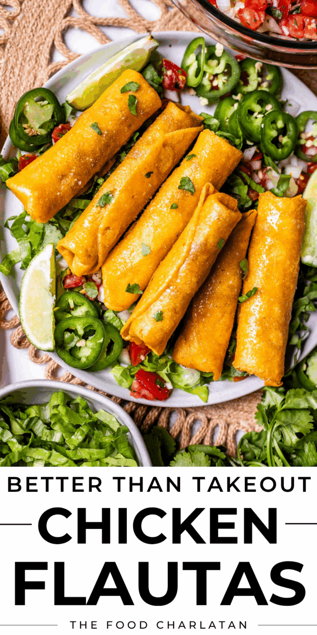 pin image of flautas with text "better than takeout chicken flautas".