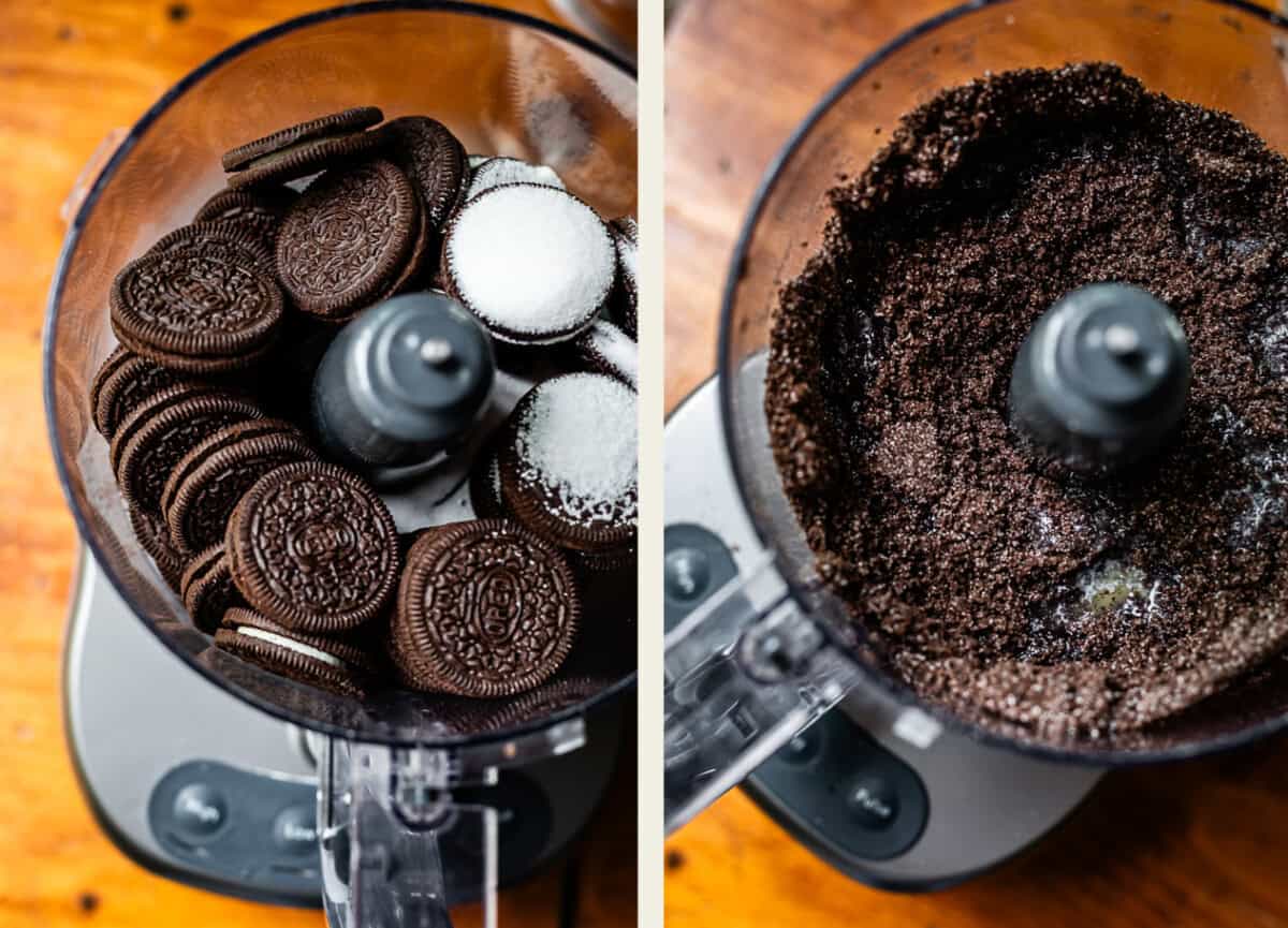 top: oreos and sugar in food processer, bottom: all blitzed with butter into crumbs.