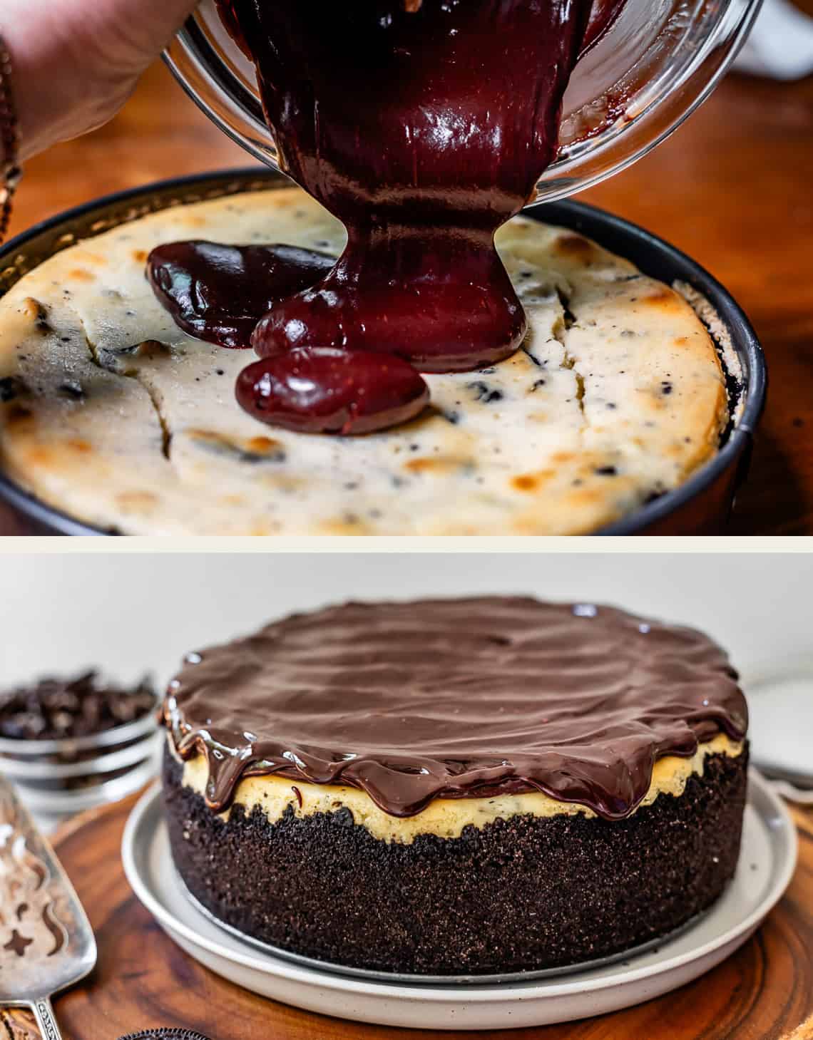 top: pouring ganache into the baked cheesecake, bottom: finished ganache from the side.