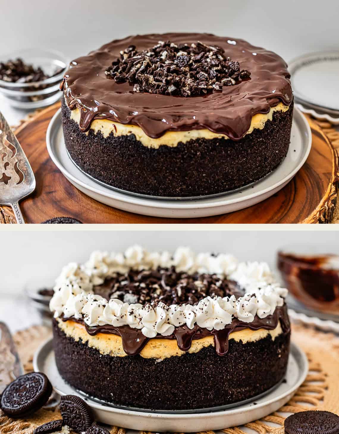 top: ganached cheesecake with chopped oreos in the center, bottom: whipped cream piped on edges.