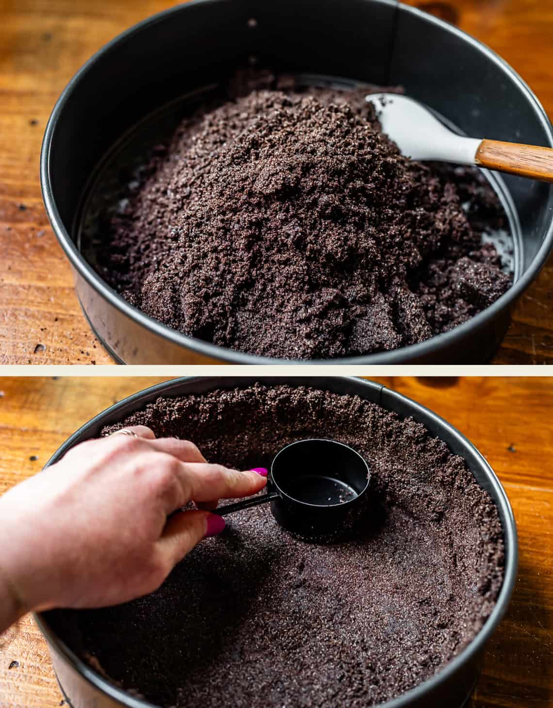 top: oreo crust crumbs piled in pan, bottom: measuring cup pressing crust into pan.