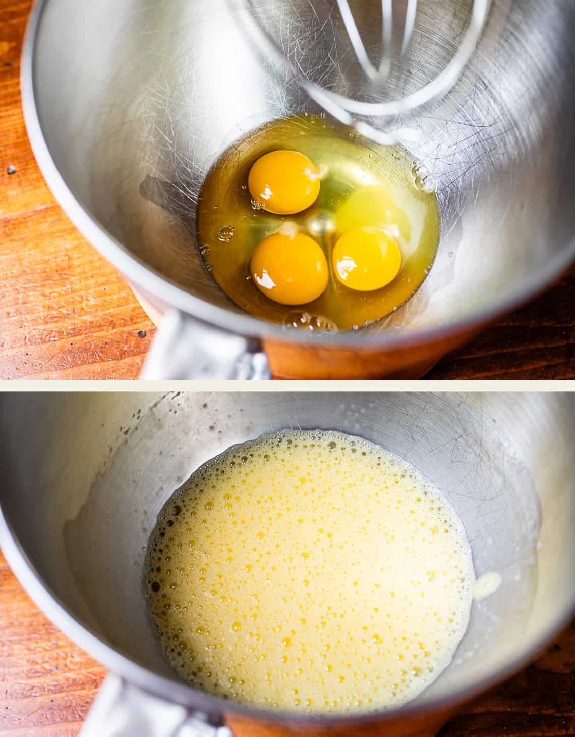 top: 3 eggs in a kitchen aid mixing bowl, bottom: eggs beaten in bowl.