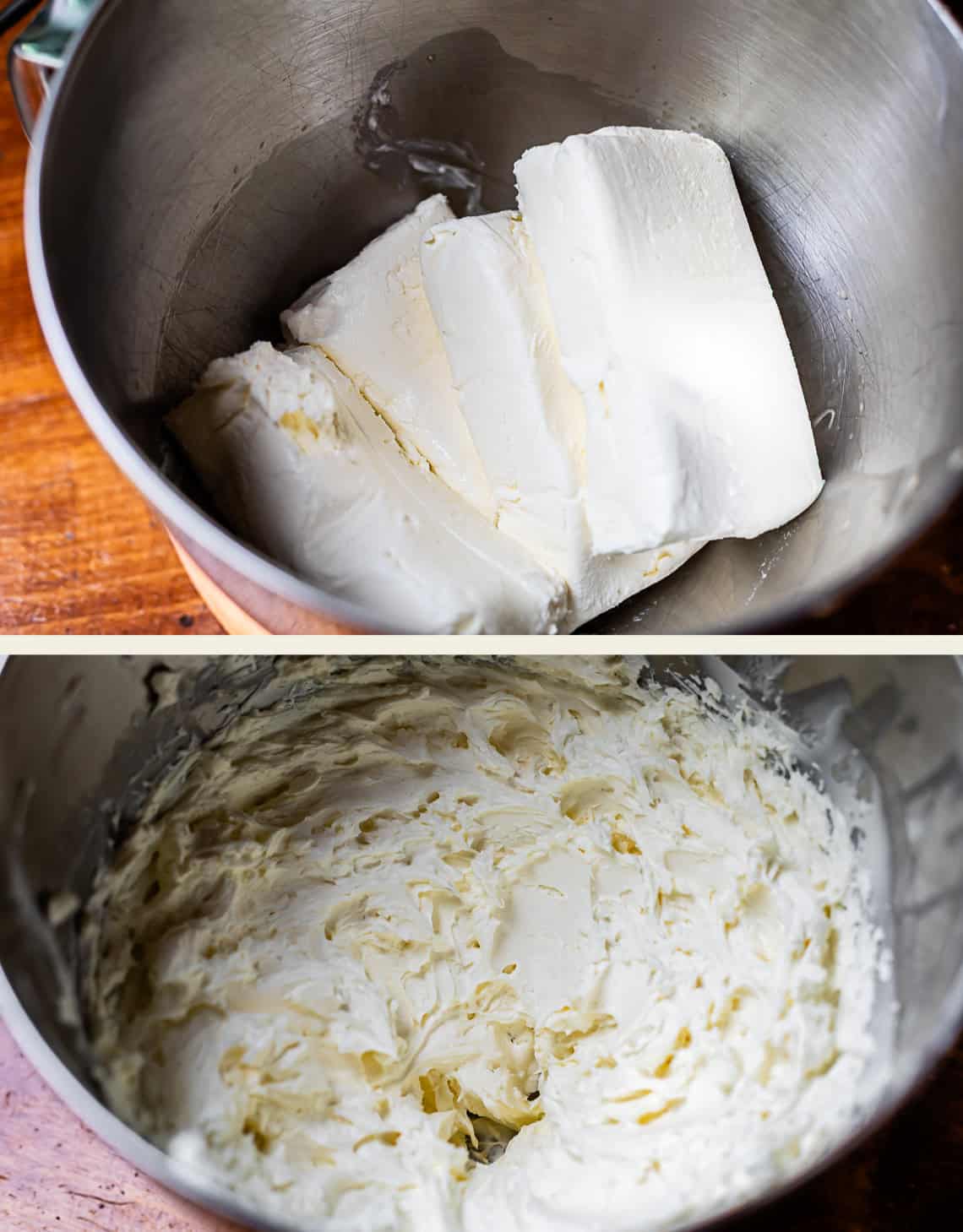 top: 4 cream cheese blocks in mixing bowl, bottom: cream cheese totally whipped in bowl.