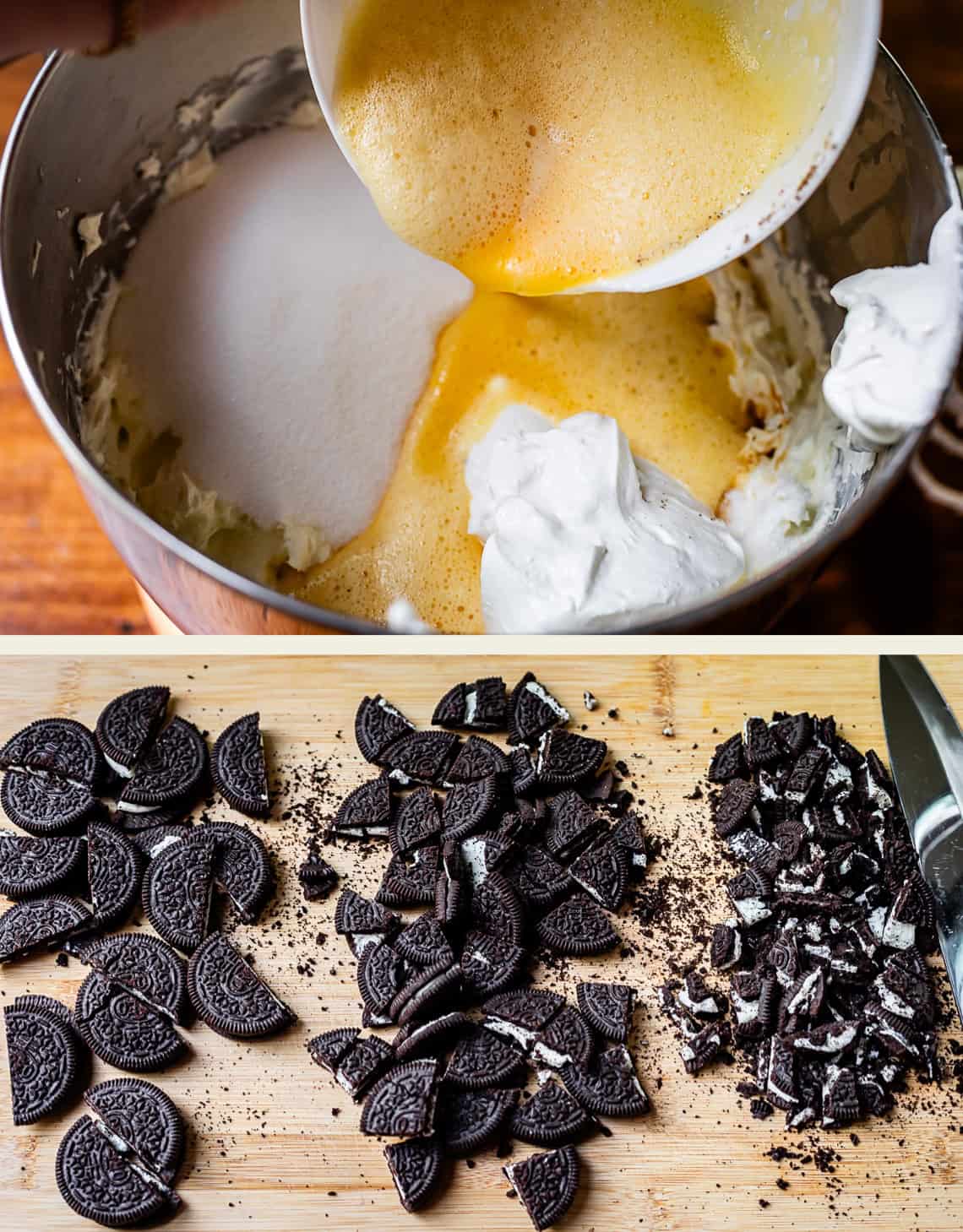top: mixed eggs pouring into mixing bowl, bottom: chopped oreos on cutting board.