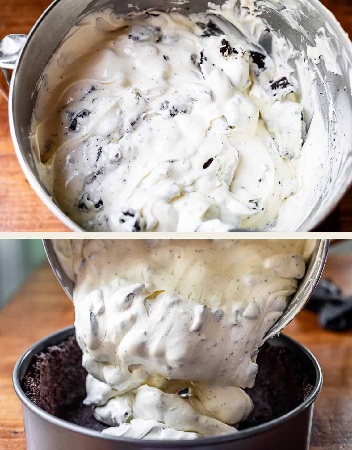 top: oreos all mixed into batter, bottom: batter being poured from bowl into the crust.