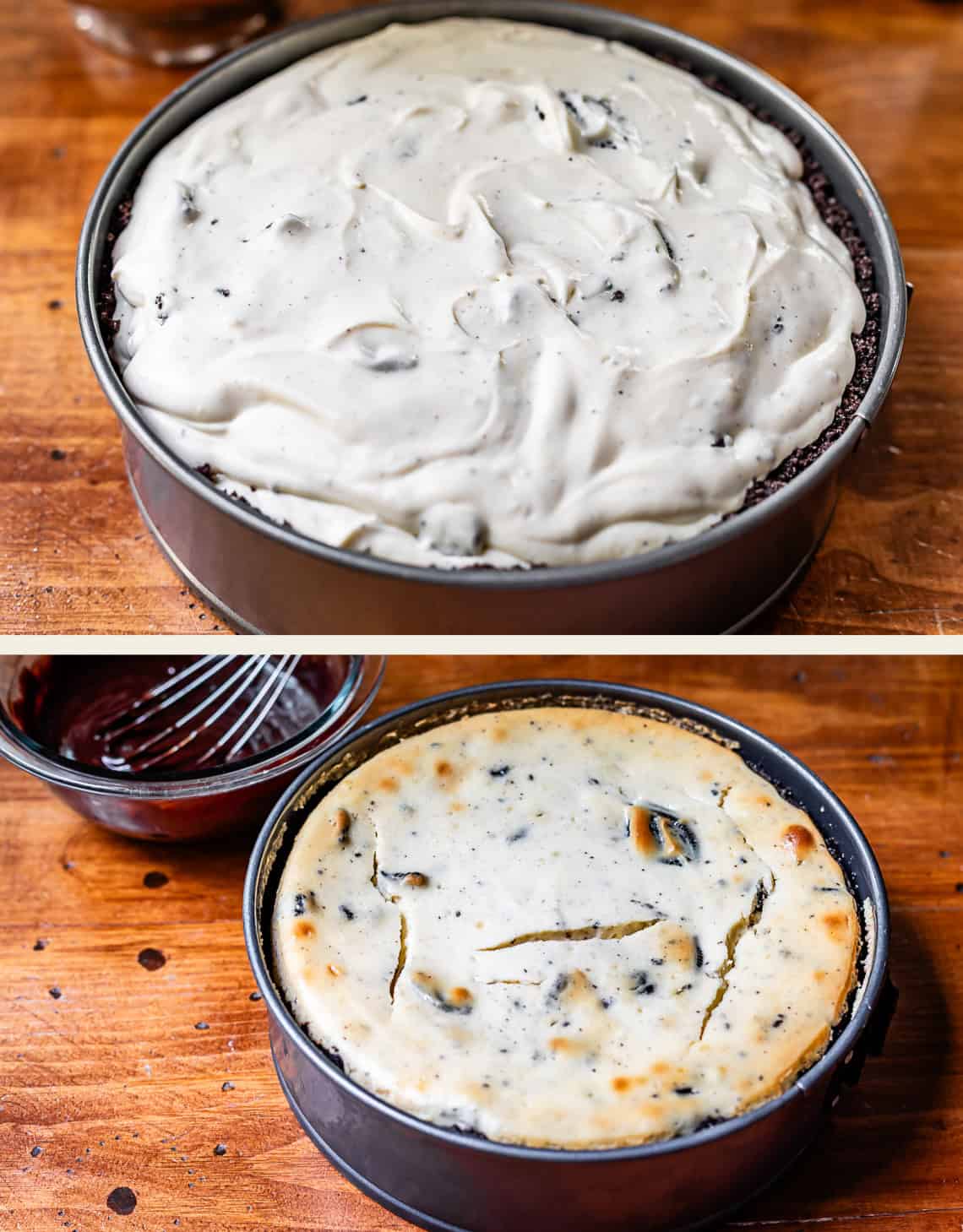 top: cheesecake batter all spread out in pan, bottom: baked cheesecake in pan.