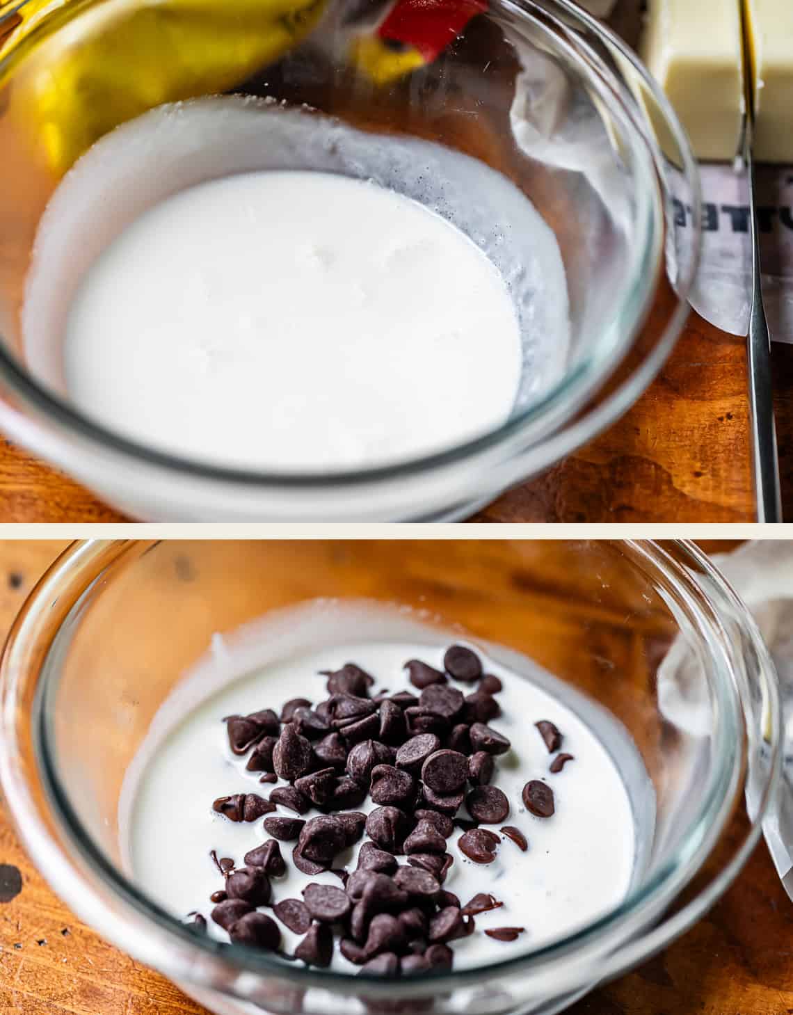top: bowl of cream with bubbles, bottom: chocolate chips added to cream.