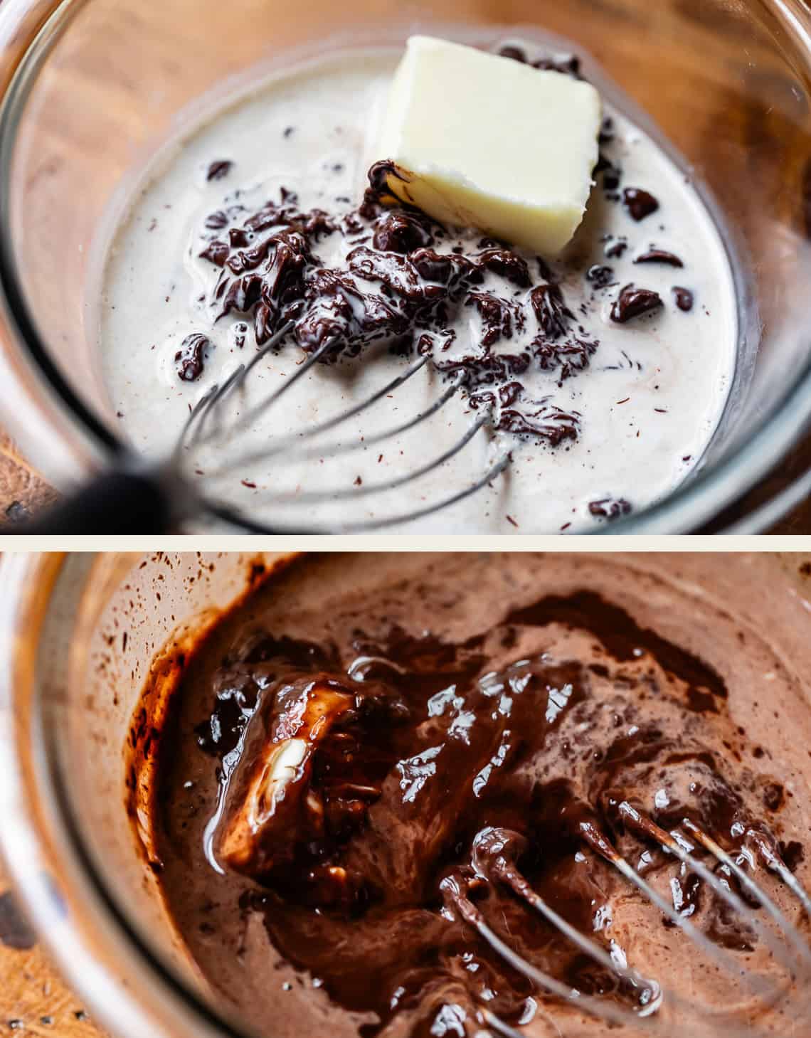 top: pat of butter on top of chocolate and cream, bottom: whisking all three together.