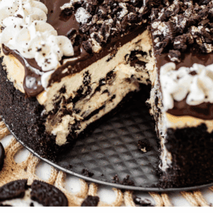 pinterest image of oreo cheesecake with text "absolutely perfect oreo cheesecake".