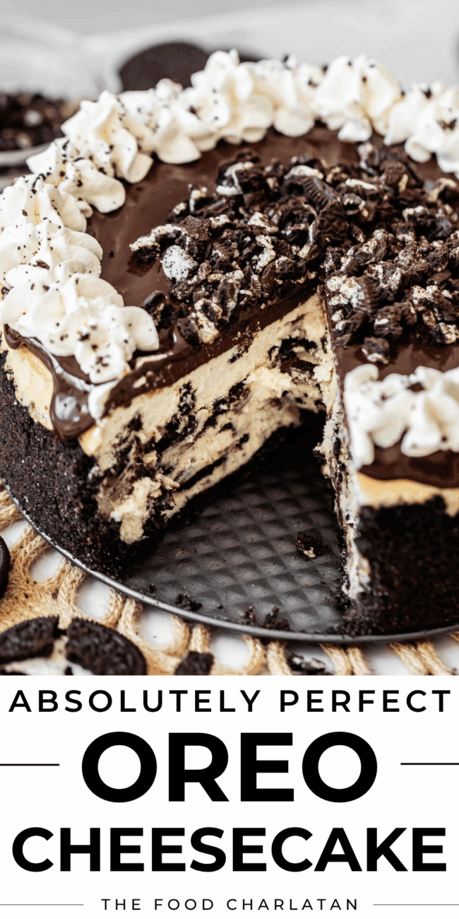 pinterest image of oreo cheesecake with text "absolutely perfect oreo cheesecake".