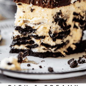 pinterest image of oreo cheesecake with text "rich & creamy 63 oreo cheesecake I don't mess around".