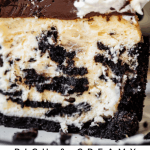 pinterest image of oreo cheesecake with text "rich & creamy 63 oreo cheesecake I don't mess around".