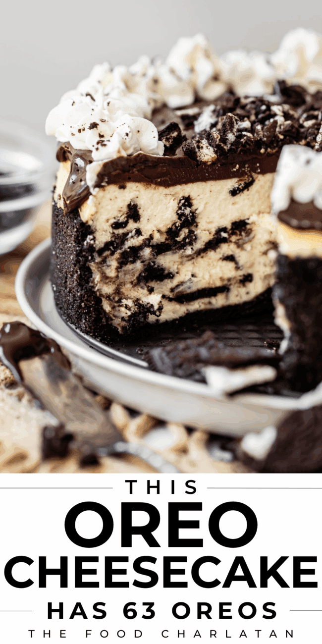 pinterest image of oreo cheesecake with text "this oreo cheesecake has 63 oreos".