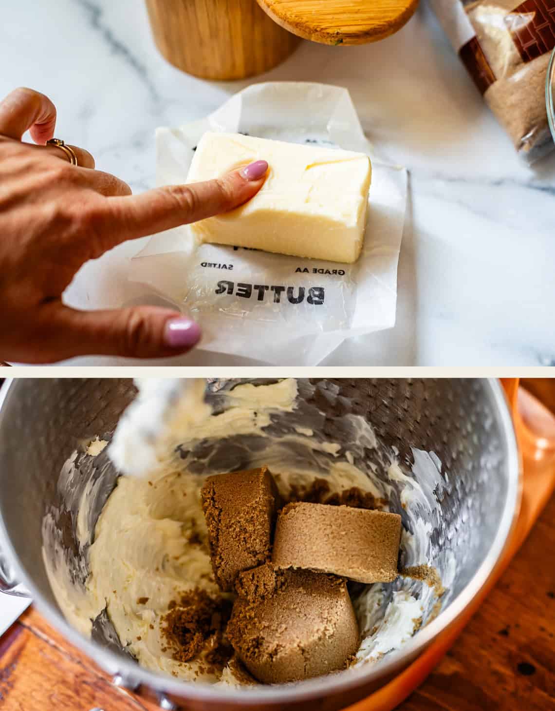 top: finger in softened butter, bottom: brown sugar in butter in mixing bowl.