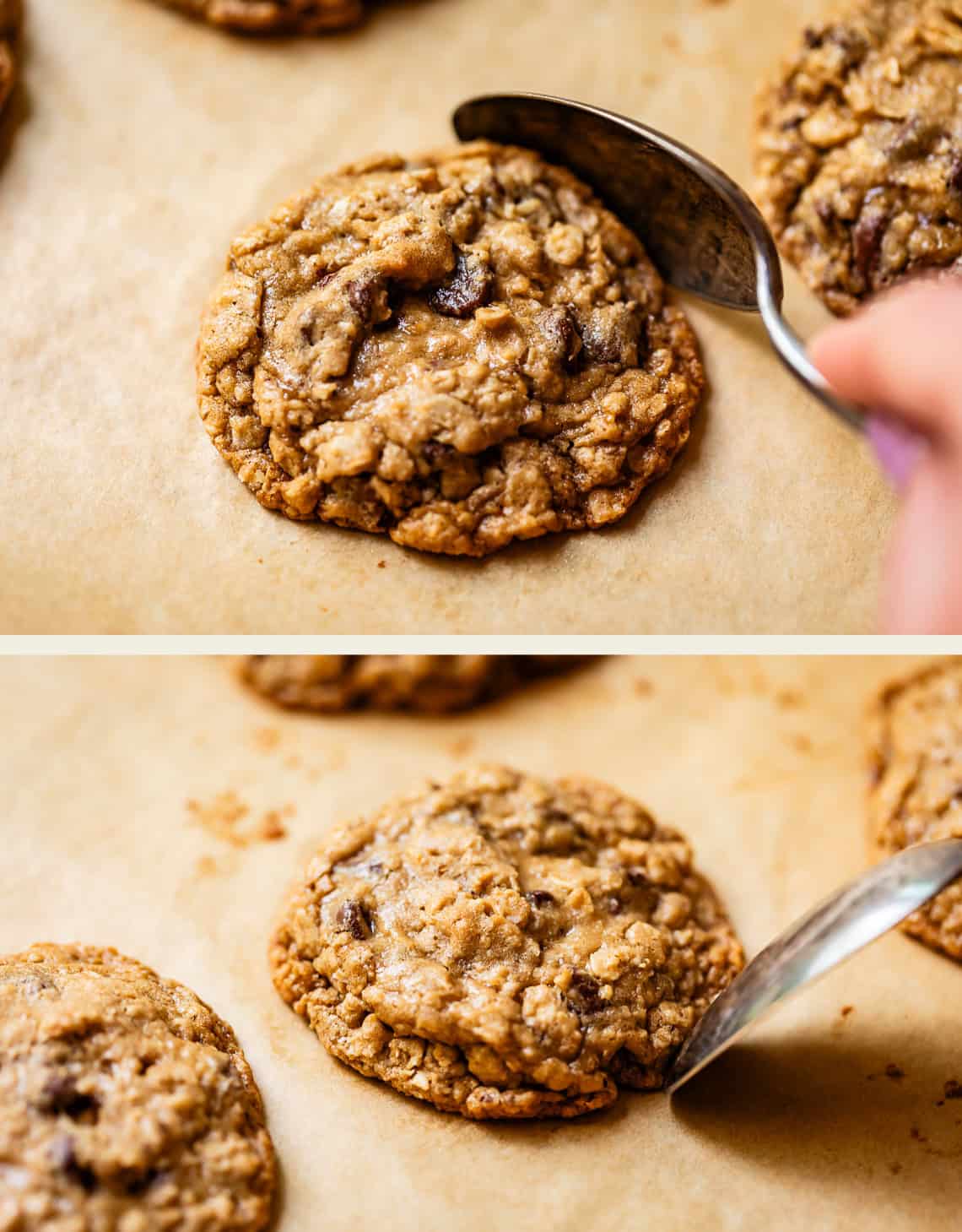 top: hand using a spoon to shape the cookie, bottom: spoon shaping another cookie.