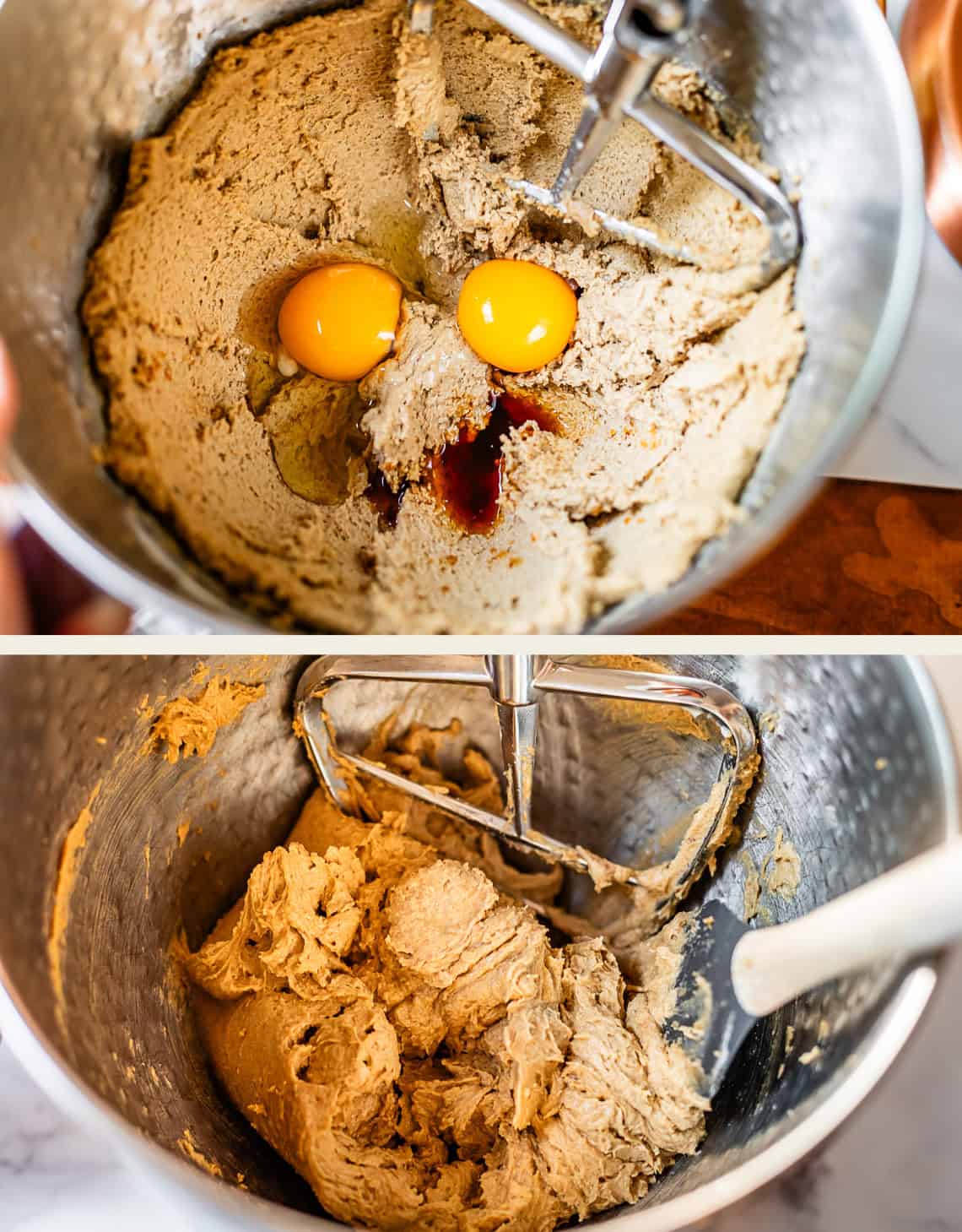 top: egg yolks and vanilla in mixing bowl, bottom: mixed in with the creamed butter and sugar.