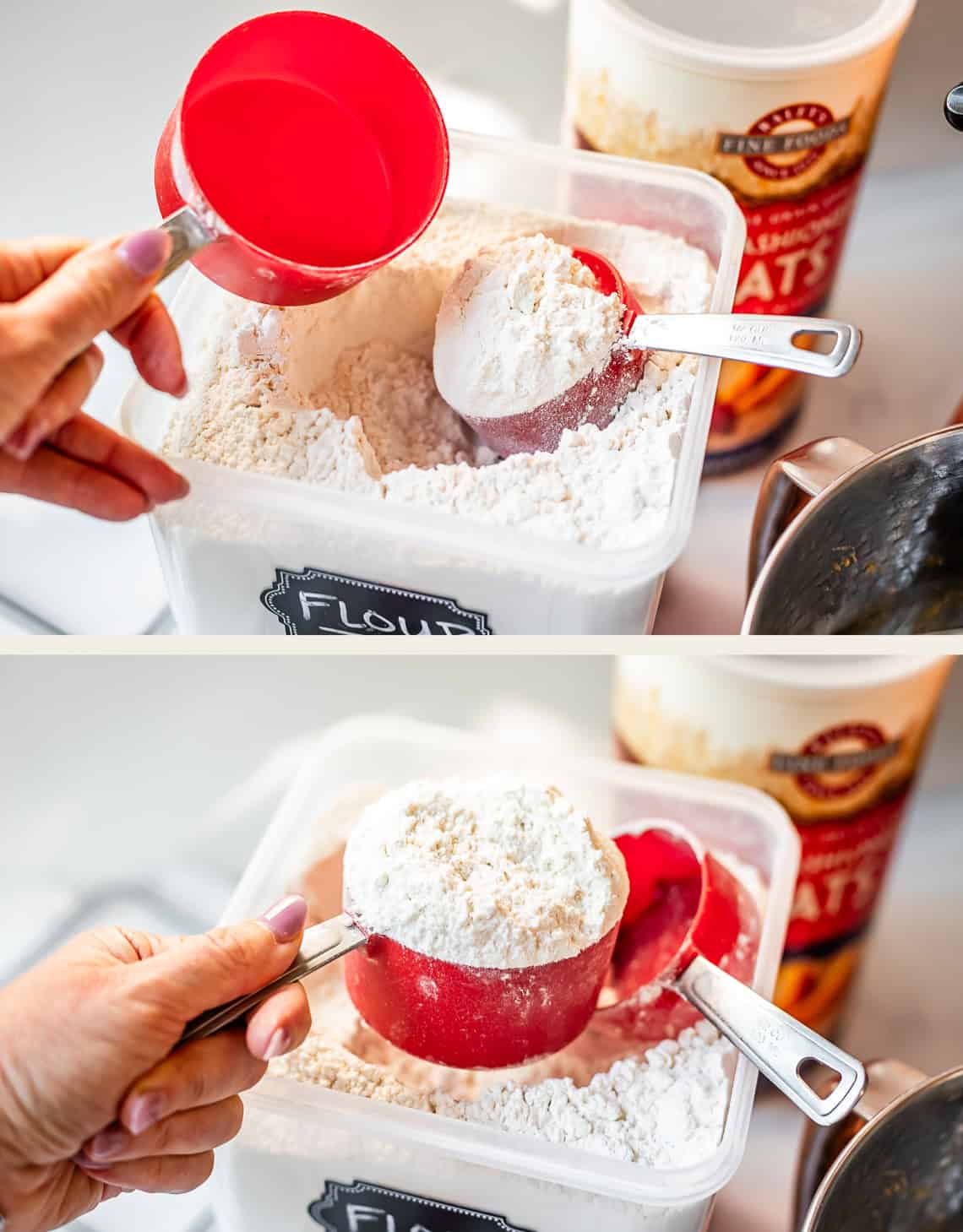 top: hand holding empty measuring cup, bottom: red cup filled over the top with flour.