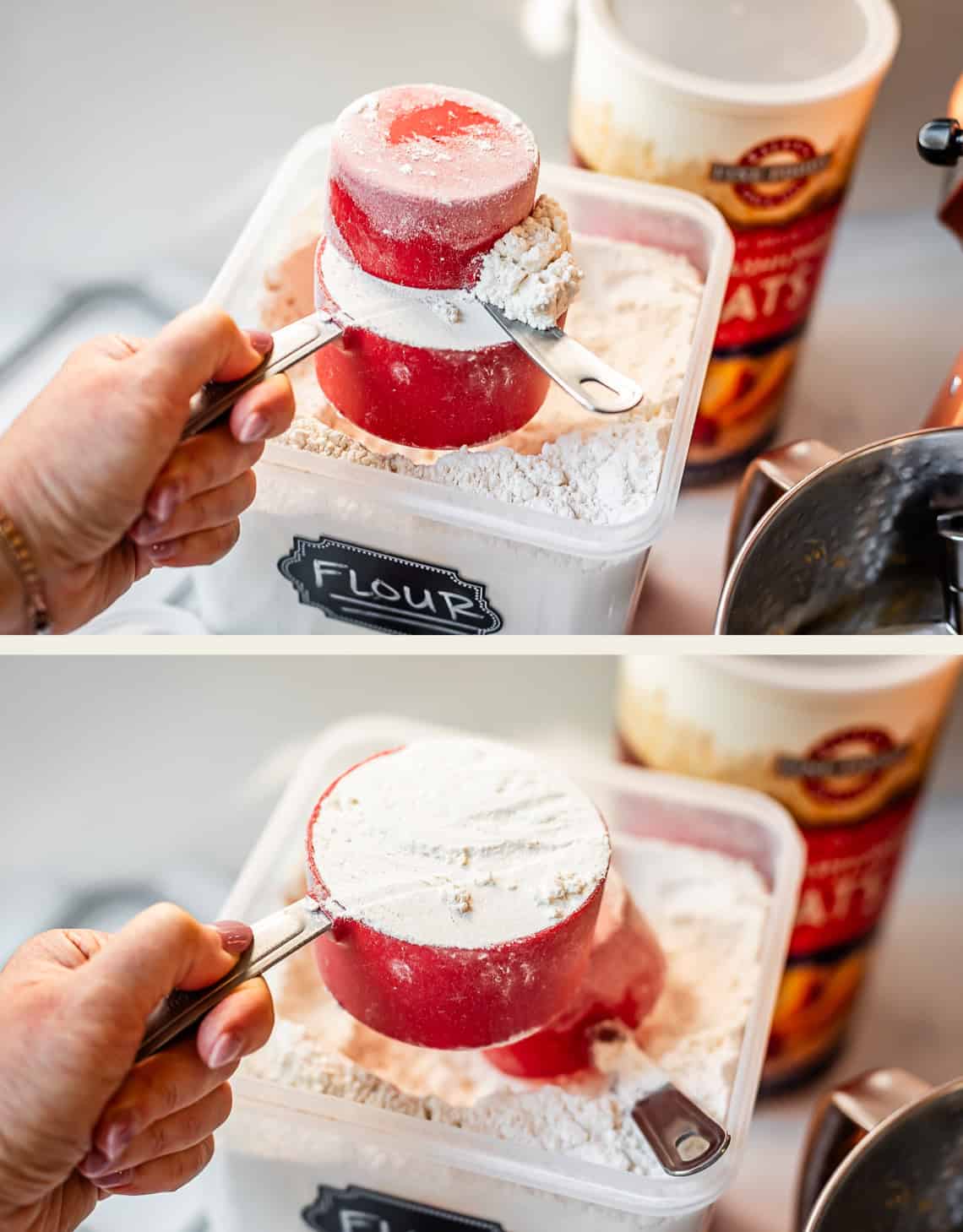 top: scraping extra flour off the top with another measuring cup, bottom: spooned and leveled.