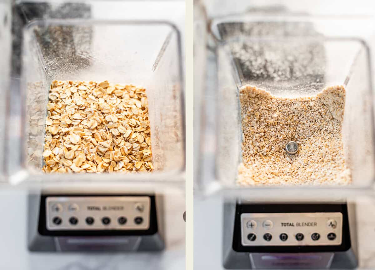 top: old fashioned oats in blender, bottom: blended oats in blender after blitzing.