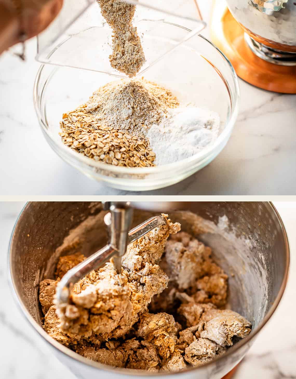 top: pouring blended oats into bowl with other dry ingredients, bottom mixed into dough.