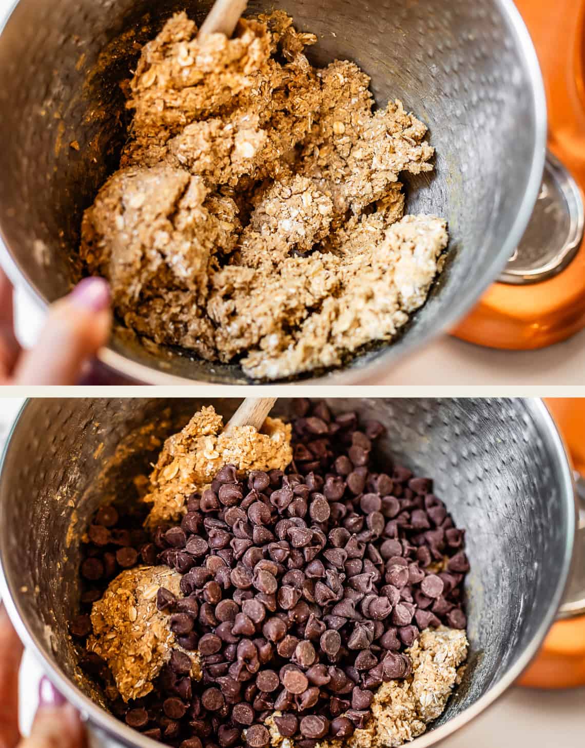 top: dough in mixing bowl, bottom: chocolate chips added into the bowl on dough.