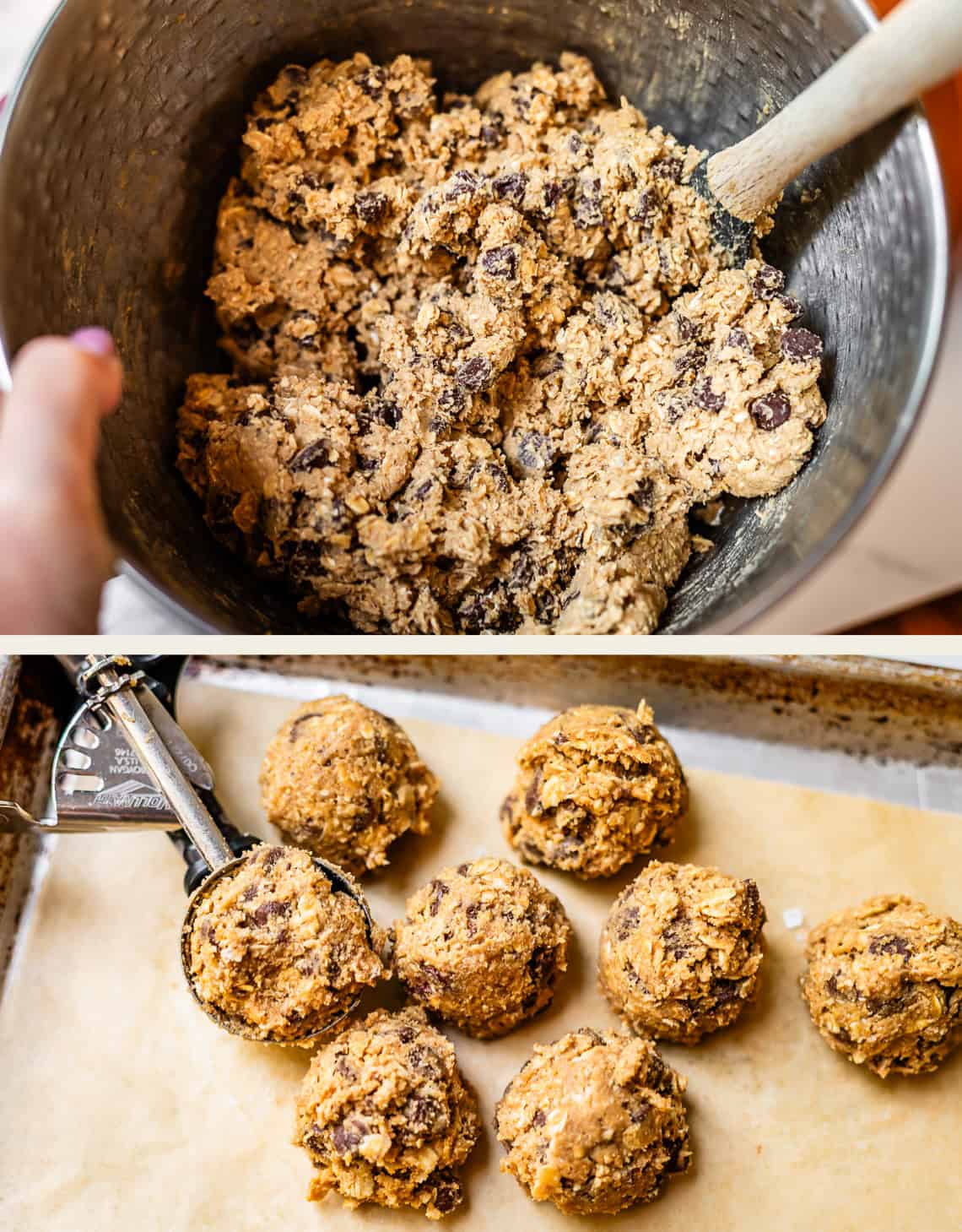 top: chocolate chips totally mixed into dough, bottom: cookie scoop with dough balls.