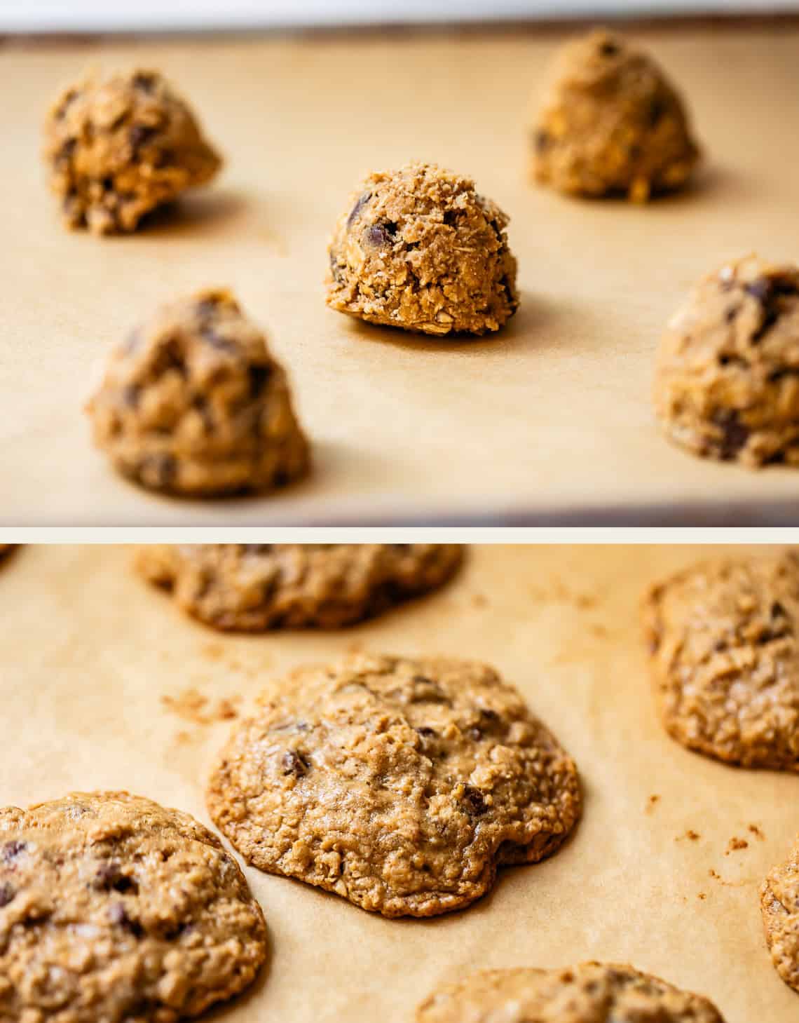 top: cookie dough balls on pan, bottom: baked flat cookies on parchment paper.